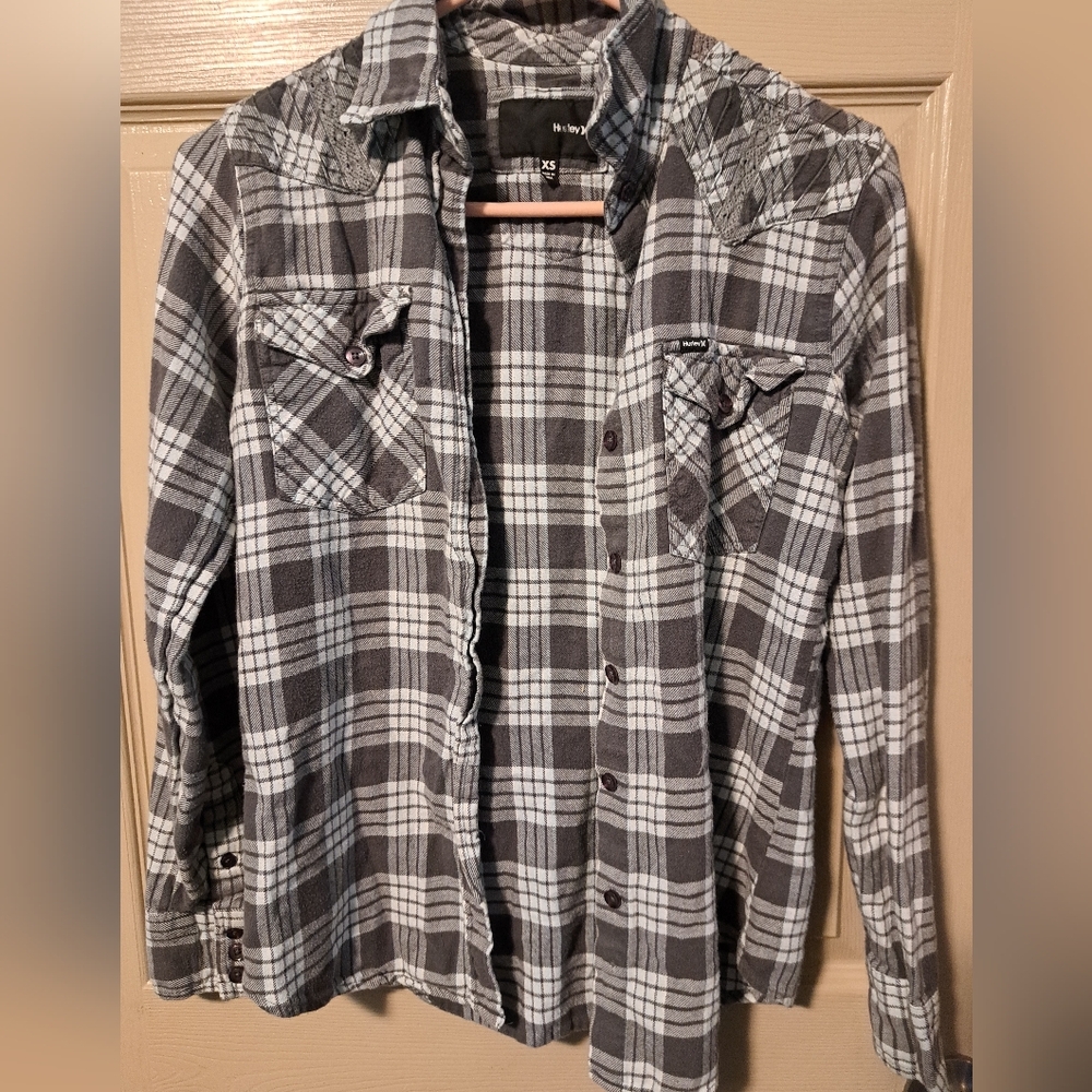 Hurley Black and Gray Plaid Button Down Shirt